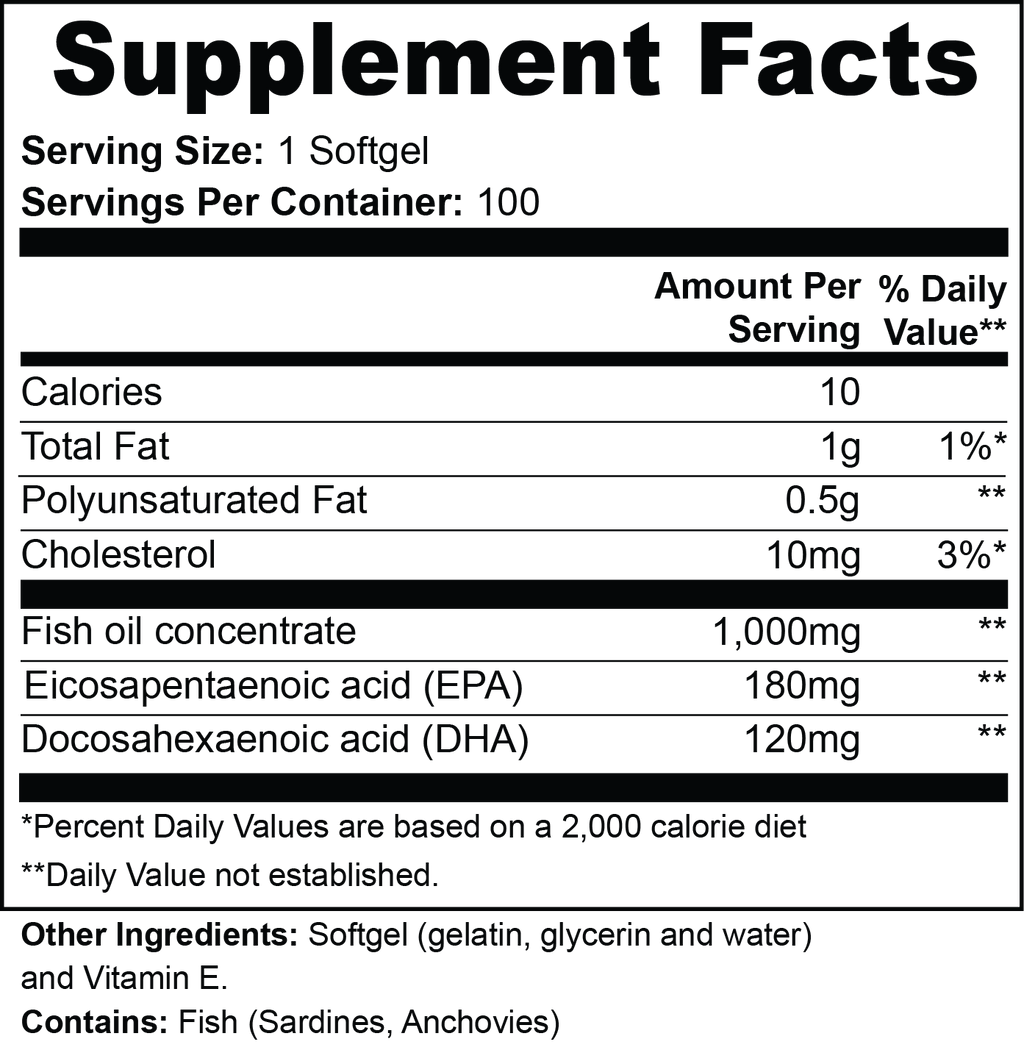 Omega-3 Fish Oil Supplement - EPA 180mg + DHA 120mg  (100 Softgels)