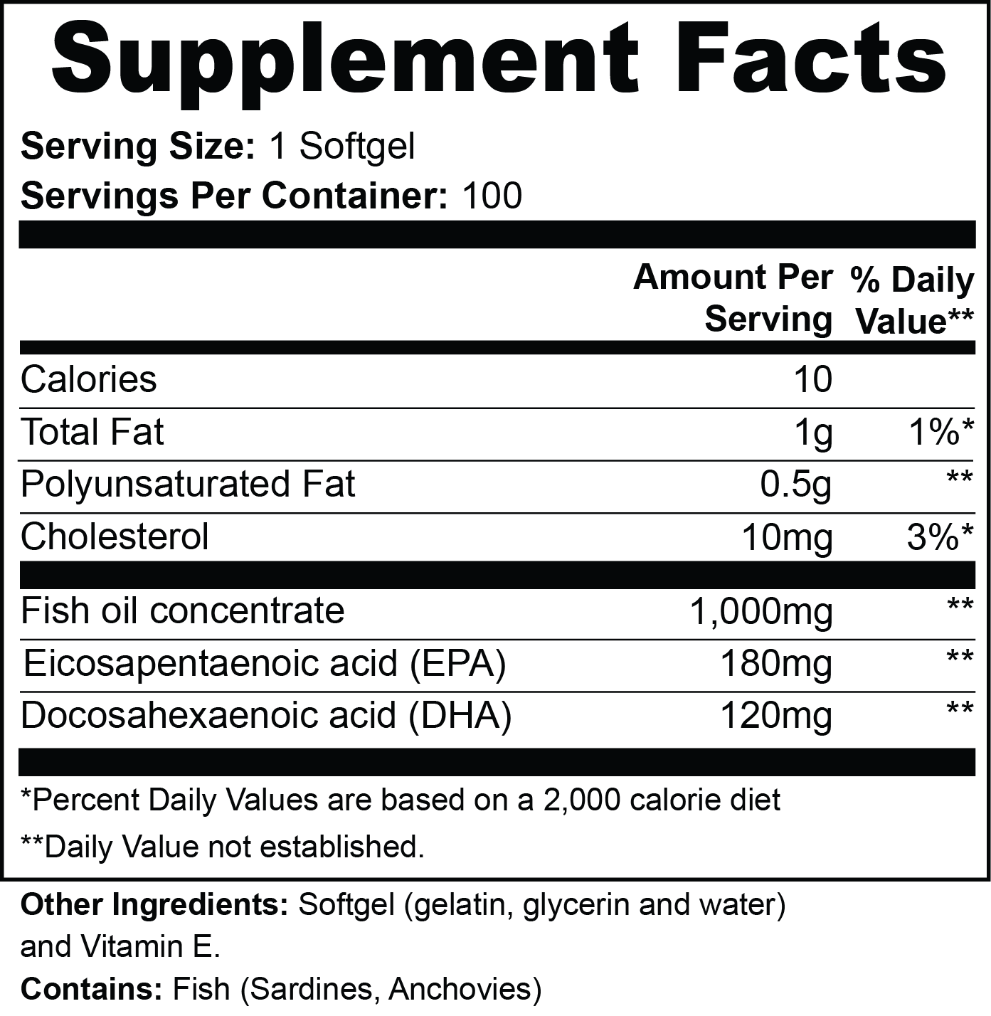 Omega-3 Fish Oil Supplement - EPA 180mg + DHA 120mg  (100 Softgels)