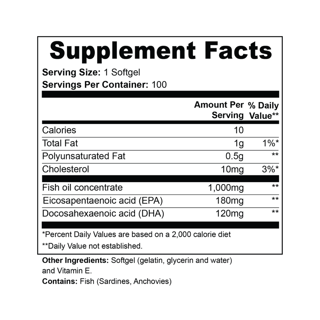 Omega-3 Fish Oil Supplement - EPA 180mg + DHA 120mg for Heart & Brain Health (100 Softgels)