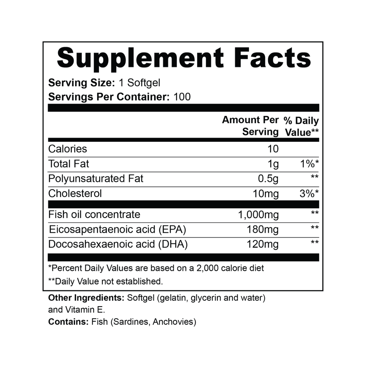 Omega-3 Fish Oil Supplement - EPA 180mg + DHA 120mg for Heart & Brain Health (100 Softgels)
